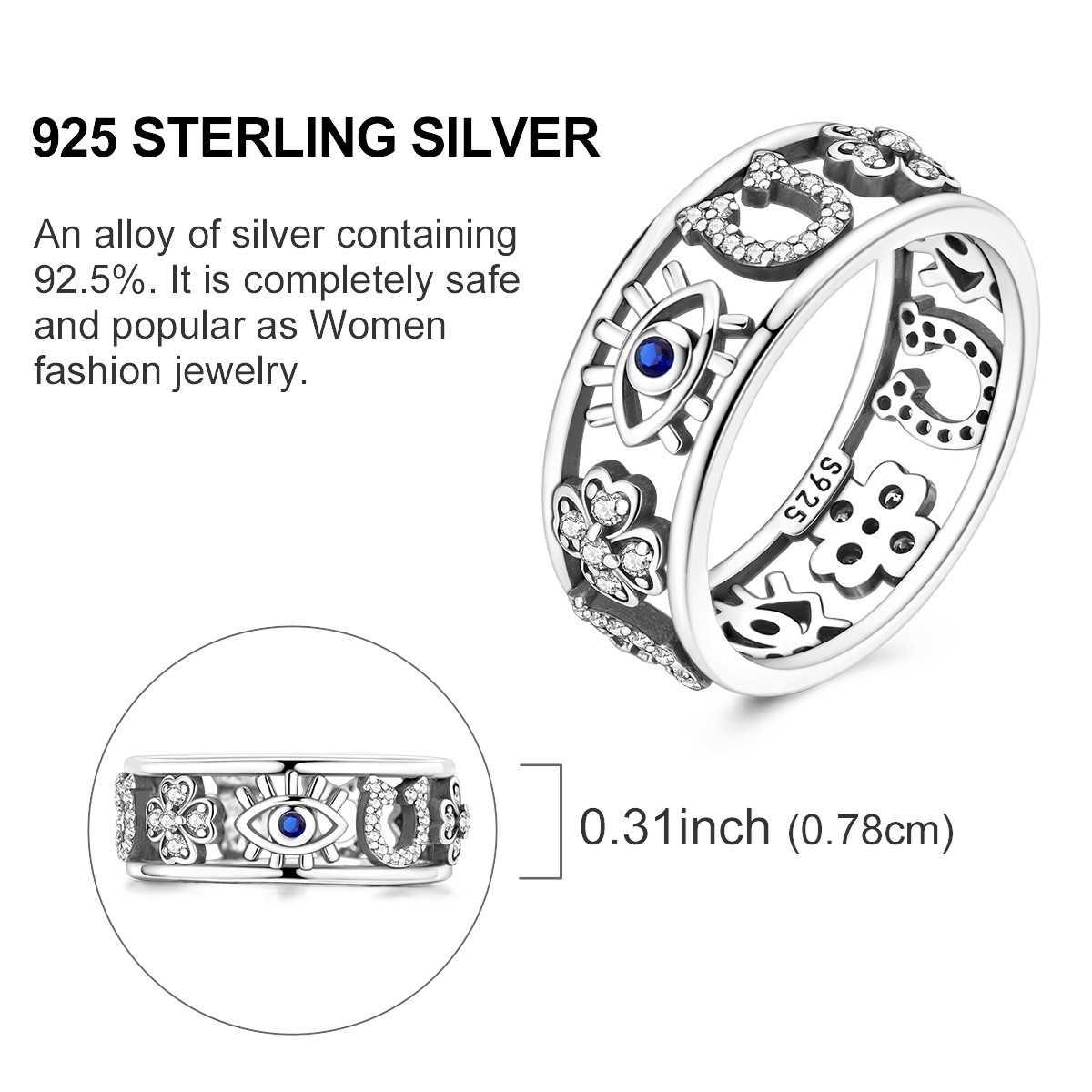 LAZA Original 925 Sterling Silver Ring AAA CZ Clover Horseshoe Eye Women Jewelry