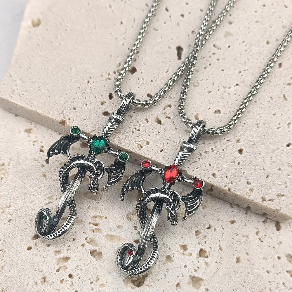 Vintage Imitation Gemstone Dragon Sword Pendant Necklace Accessories Stainless S