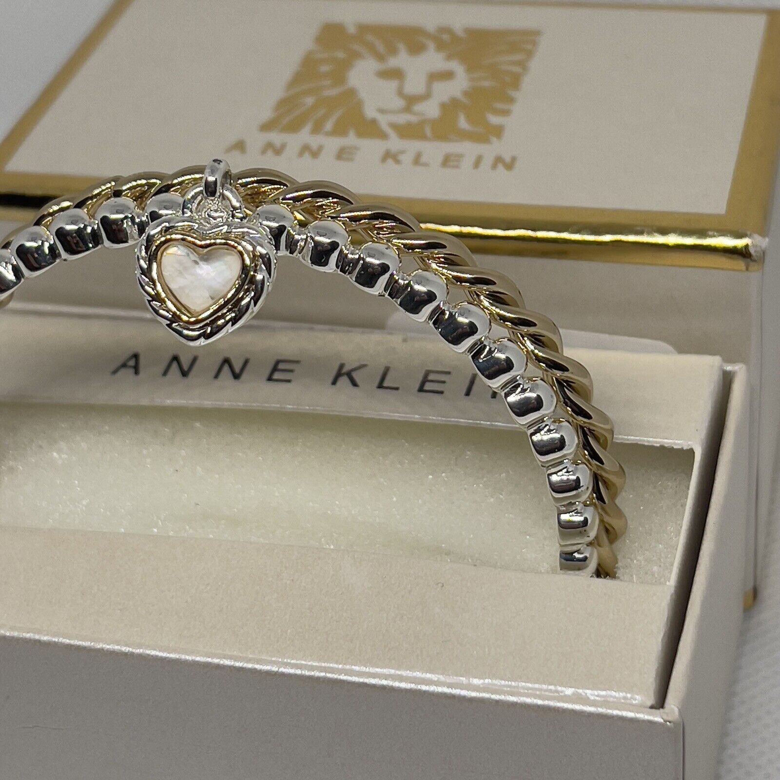 Anne Klein Gold Tone Bracelet (2 Piece Set) Crystal Heart Bangle Style Chic NWT
