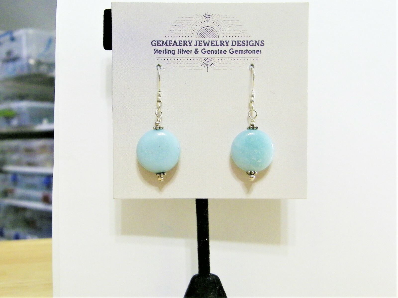 Sterling Silver Natural AMAZONITE Gemstone Disc Dangle Earrings…Handmade USA