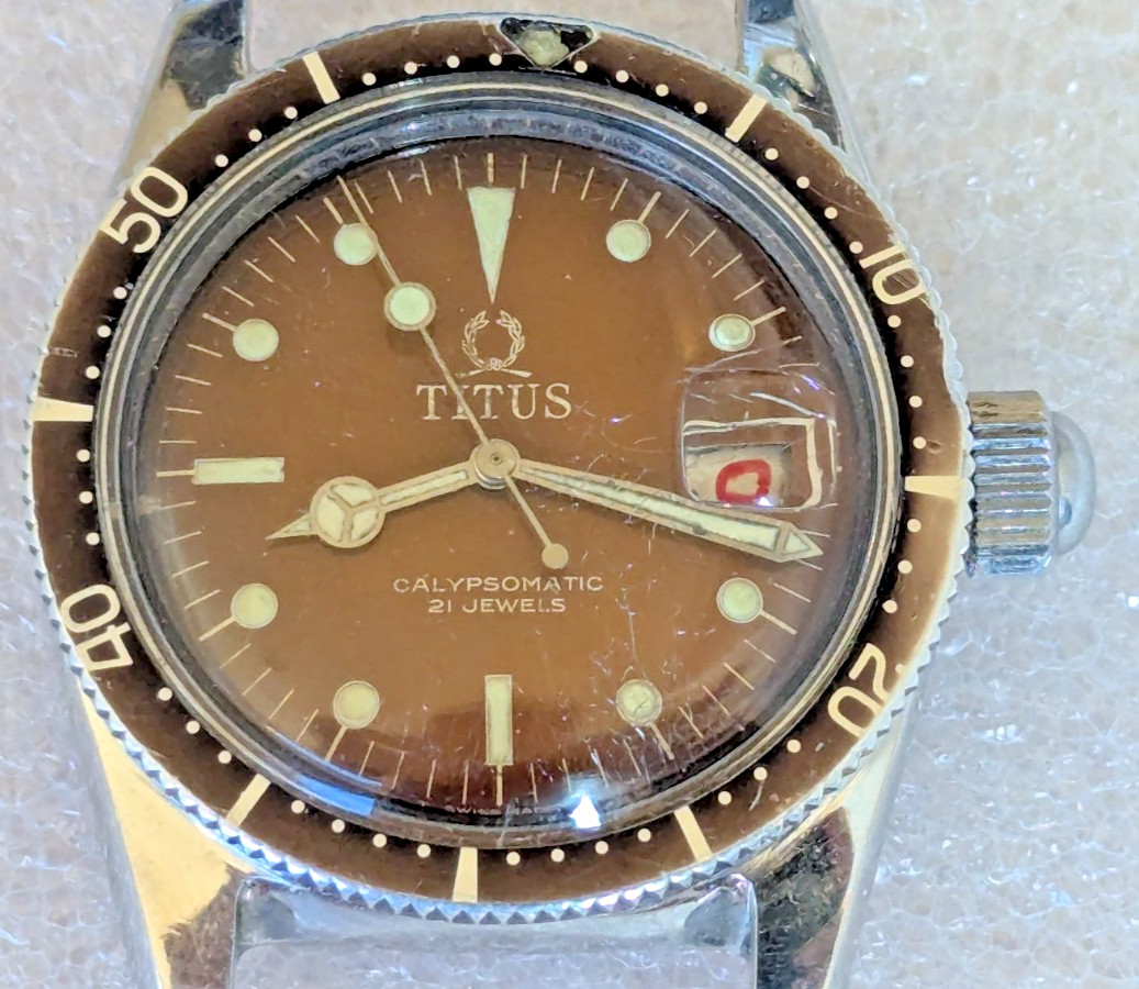 Vintage Titus Calypsomatic 7085 RARE Brown Dial Big Crown Model Caliber ETA 2472