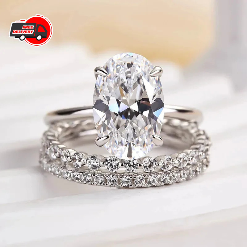 ONE SET 3 PCS Women 18k Gold Plated Sparkling CZ Oval Band Ring Engagement