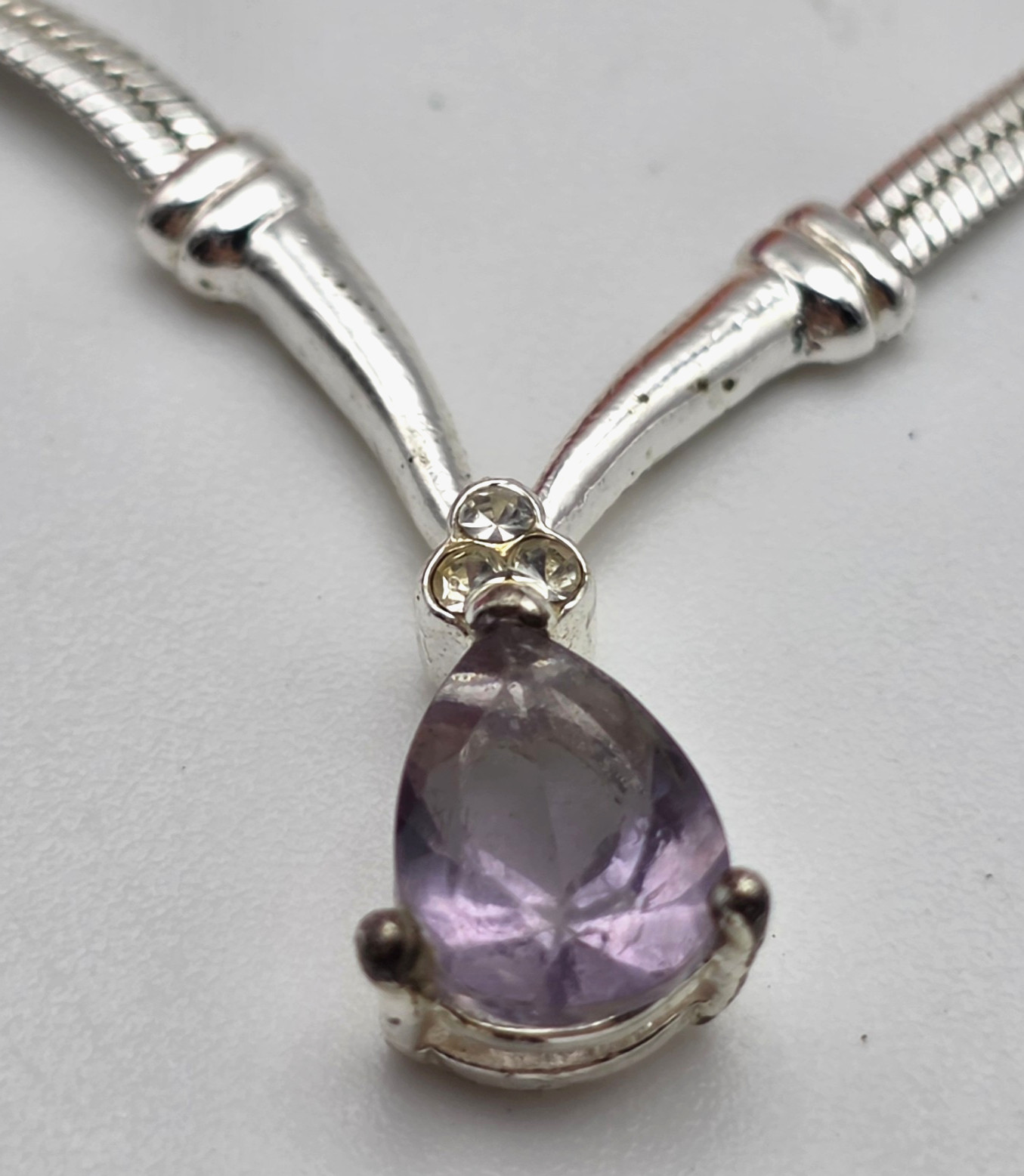 Purple Teardrop Crystal Pendant Necklace Silver Tone Omega Chain Avon 18.5 in