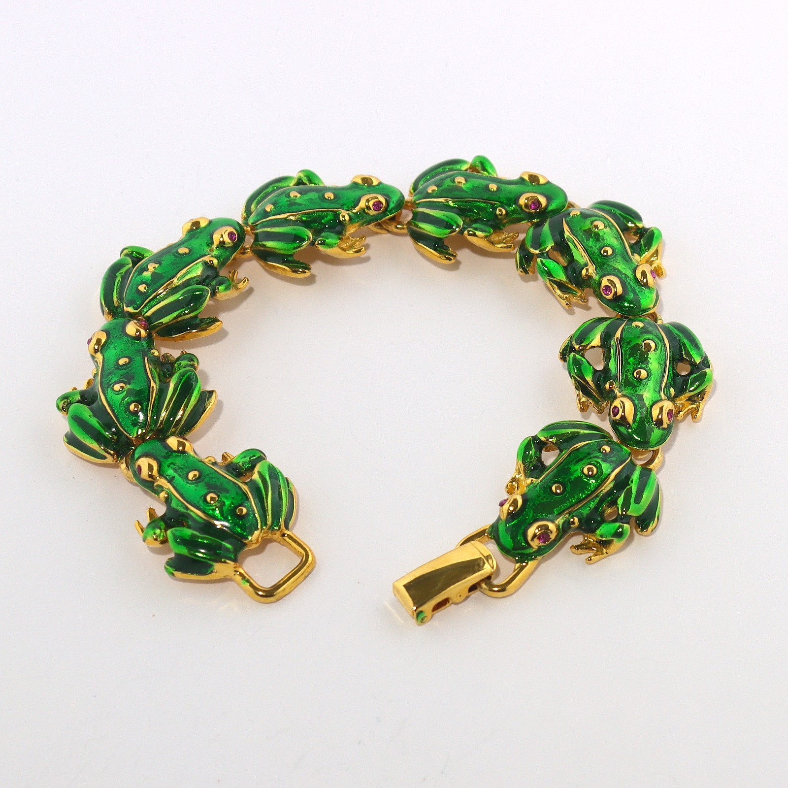 R J Graziano Vtg Green Enamel Frog Link Bracelet Gold Plated Statement Piece