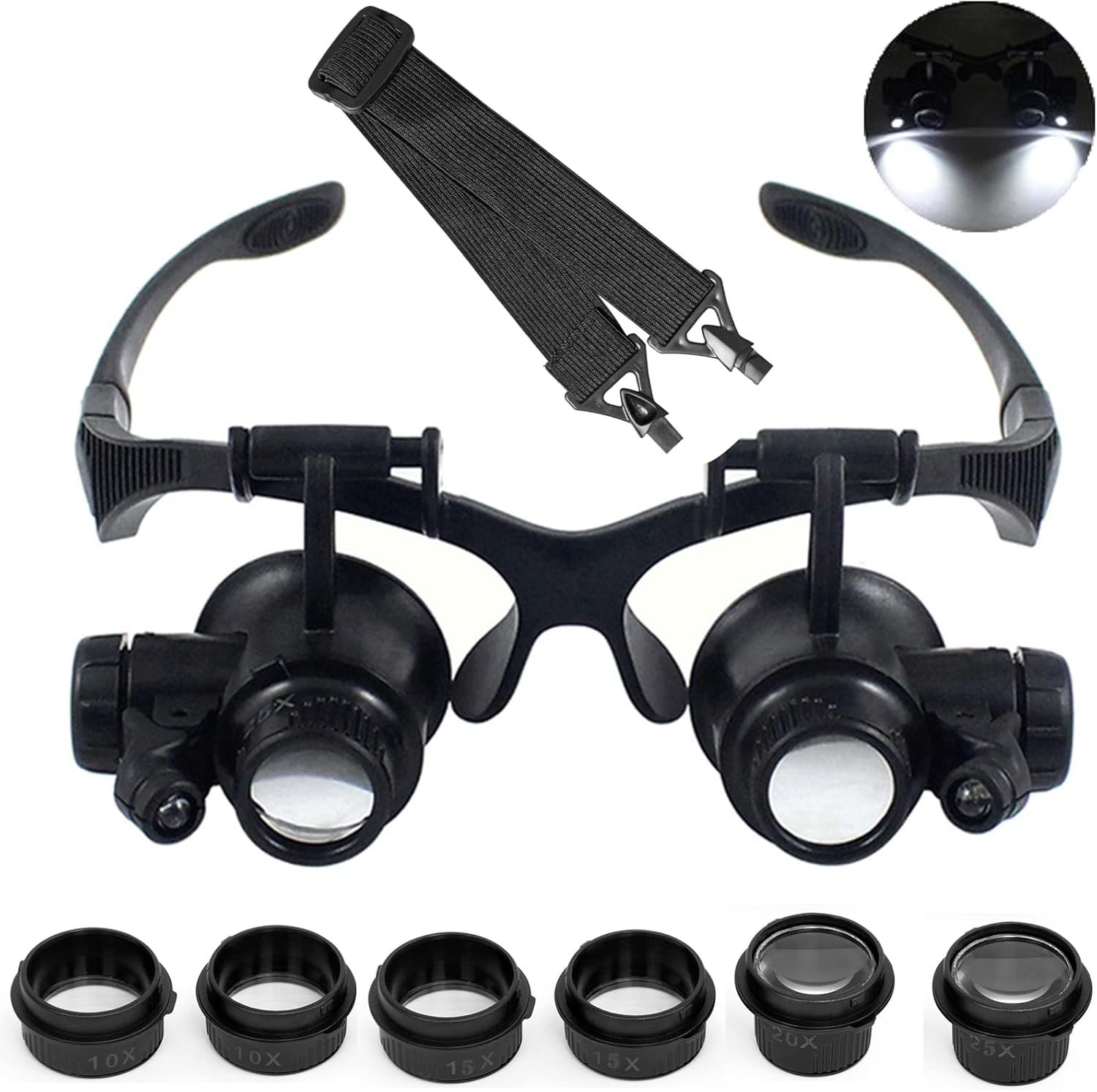 Ergonomic Headband Magnifier with LED Light – Hands-Free 10X-25X Magnification