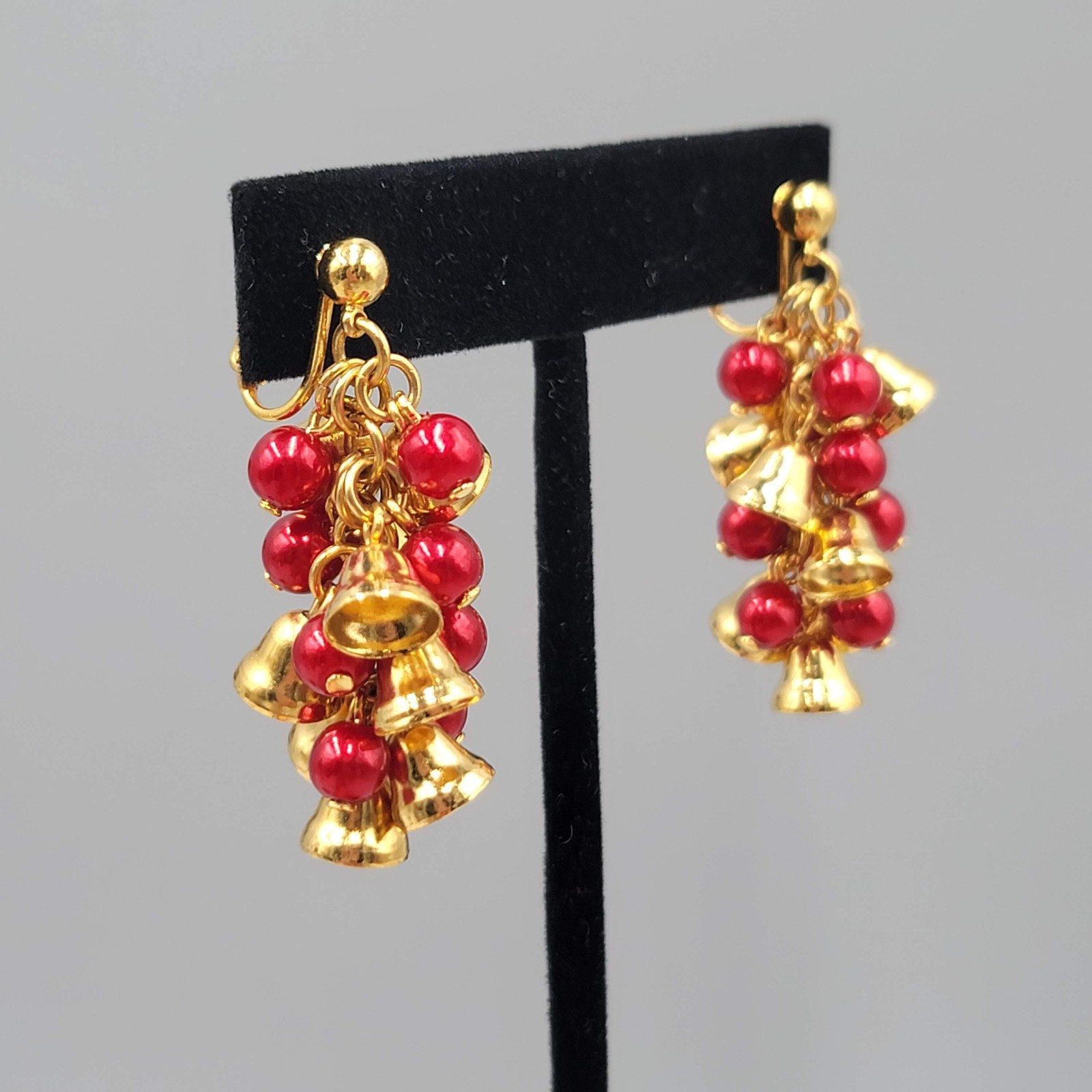 Vintage Avon Red Bead Jingle Bells Clip on Earrings Gold Plated Christmas 1.5″