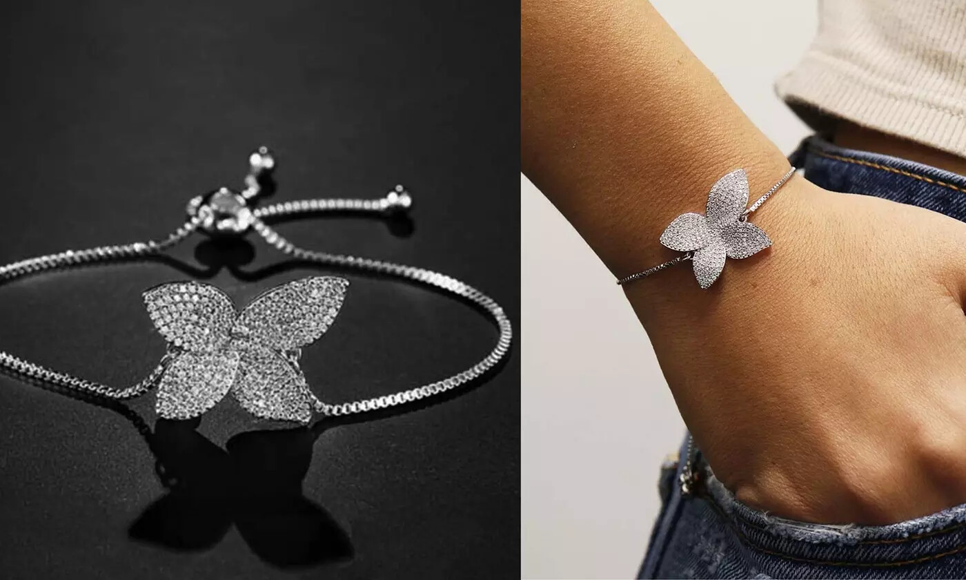 925 Sterling Silver Plated Women’s CZ Butterfly Adjustable Bolo Bracelet