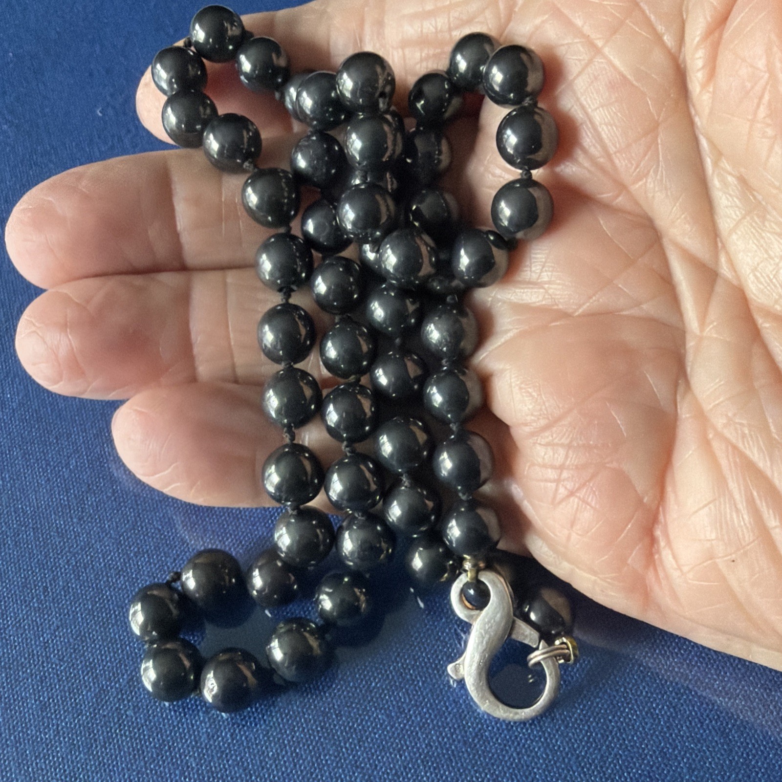 Vintage Hematite Beaded Necklace With A Large 925 Lobster Clasp Hand Knotted H12