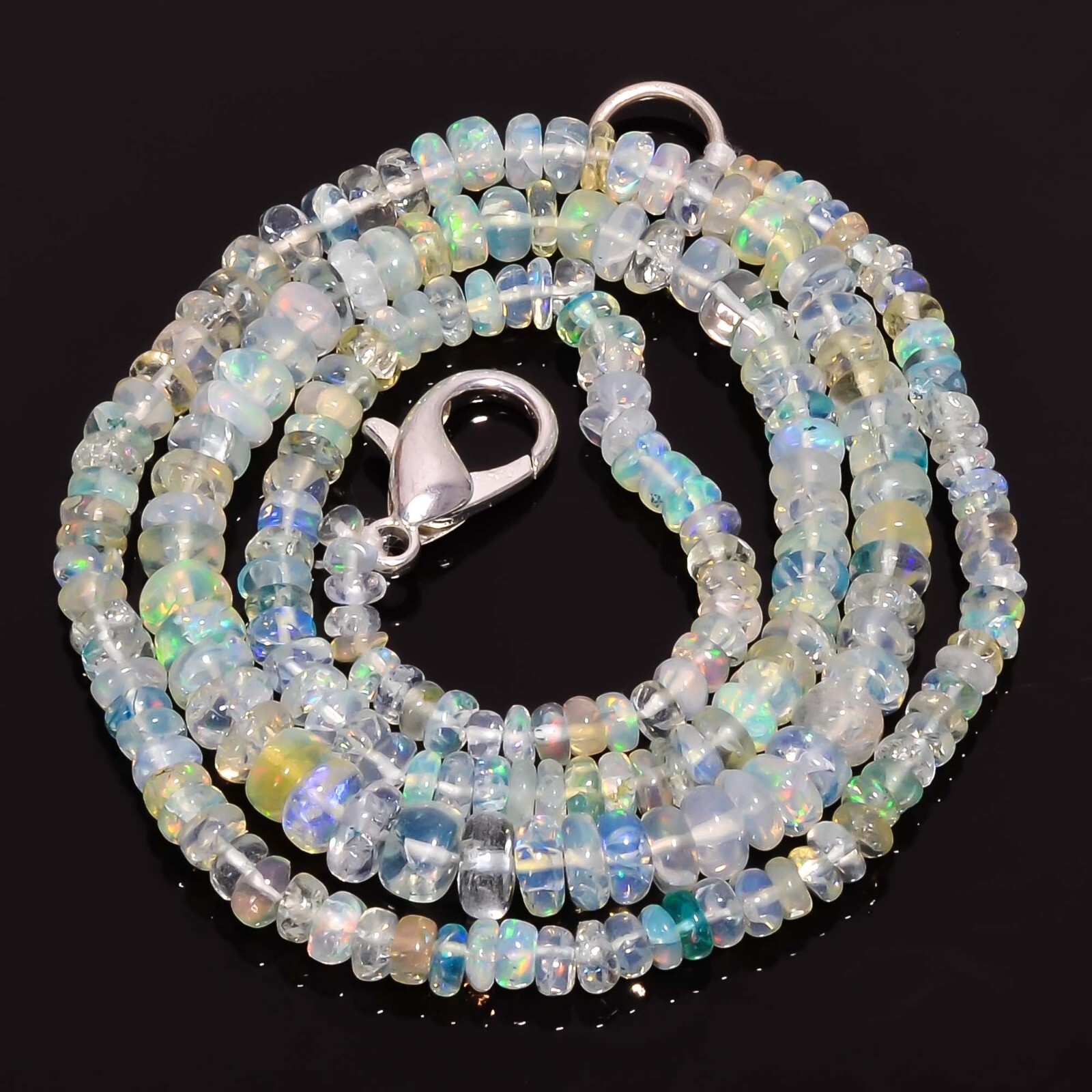 50.5 Ct. Fire White Ethiopian Opal Rondelle Smooth Beads Necklace 18.5″ A-2955