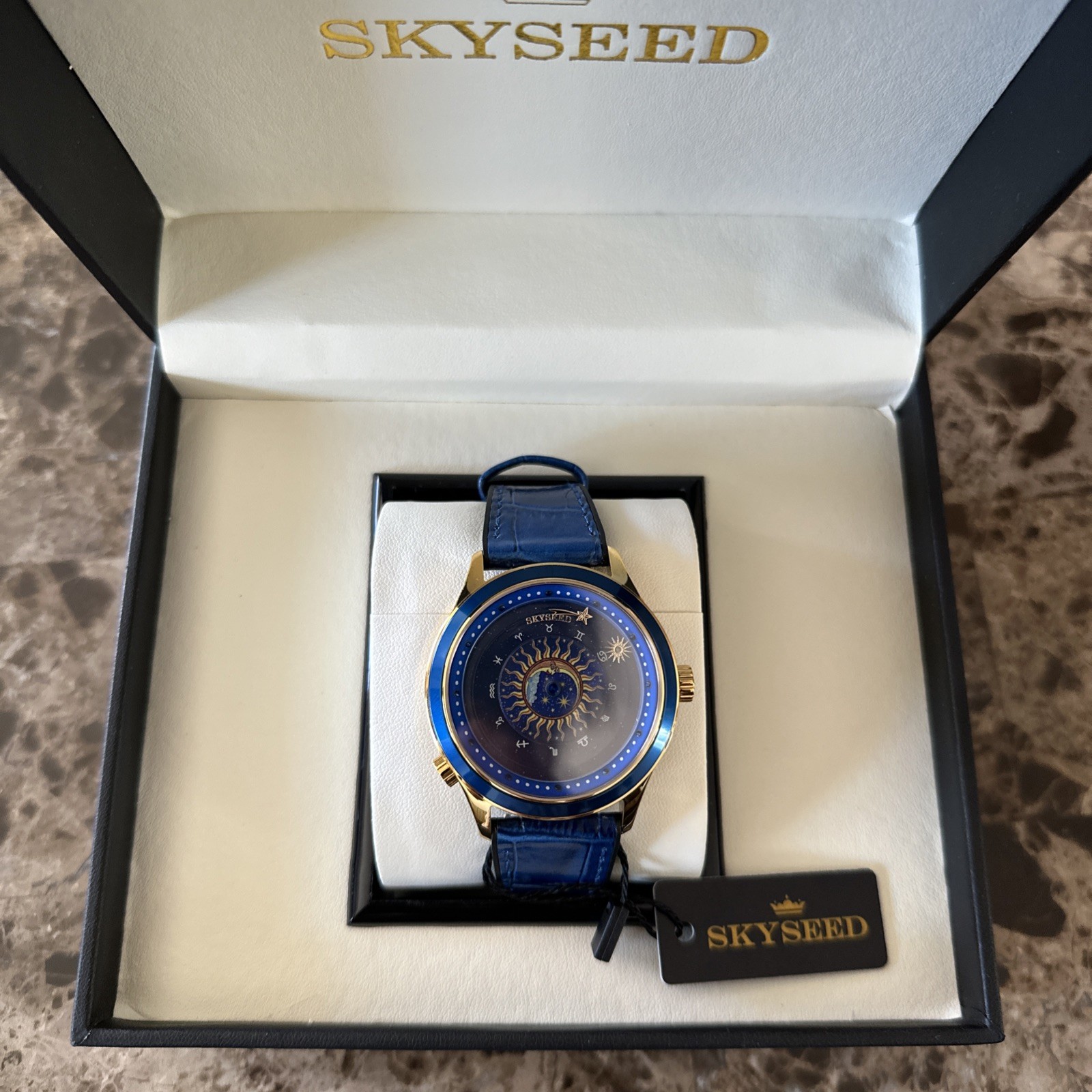 SKYSEED Celestial Blue Leather Band Men’s Analog Wristwatch Gold Accents Box