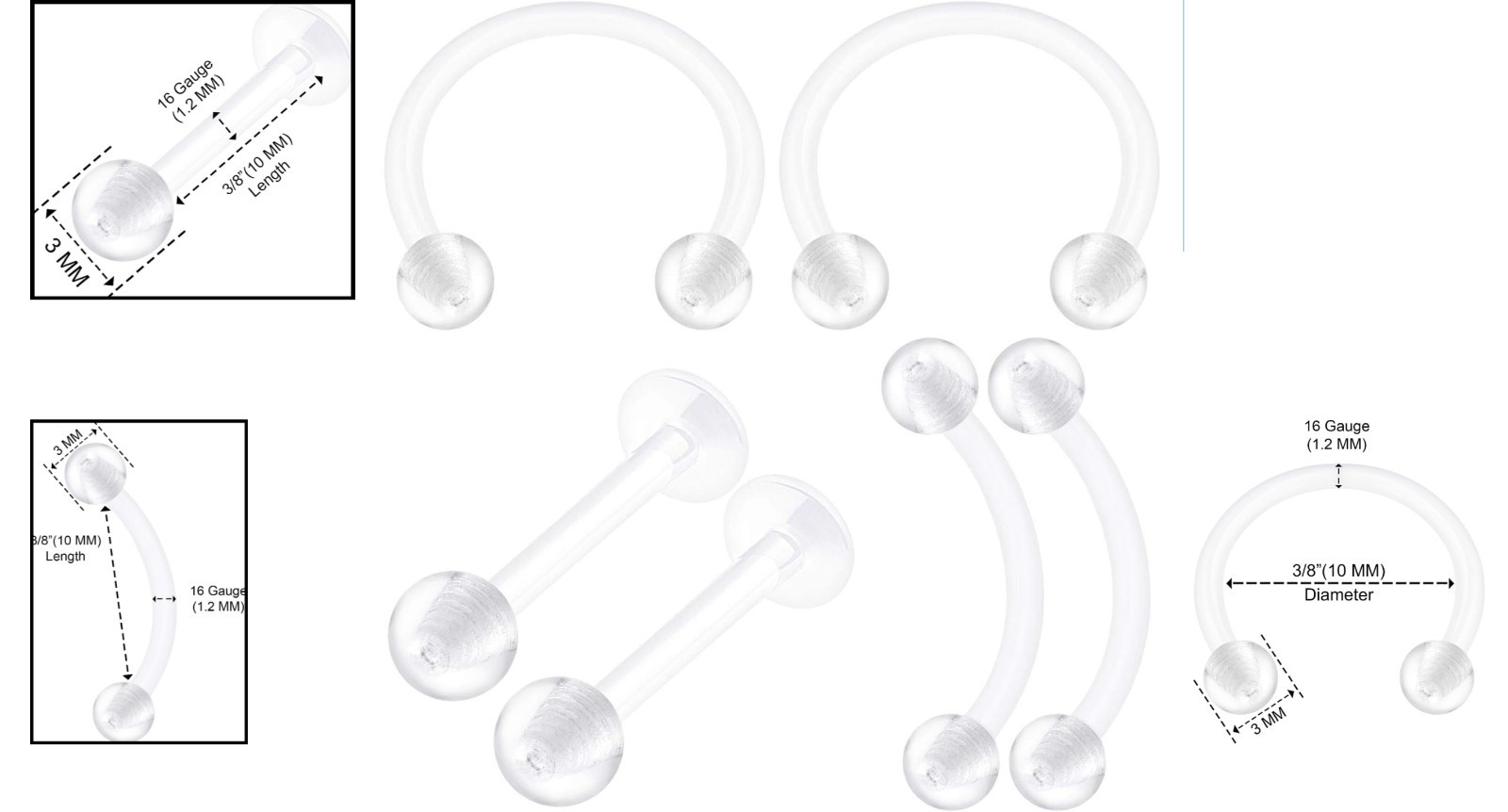 6 Bioplastic Clear Piercing Retainers – Modern 10mm Ball for Cartilage & Lobe