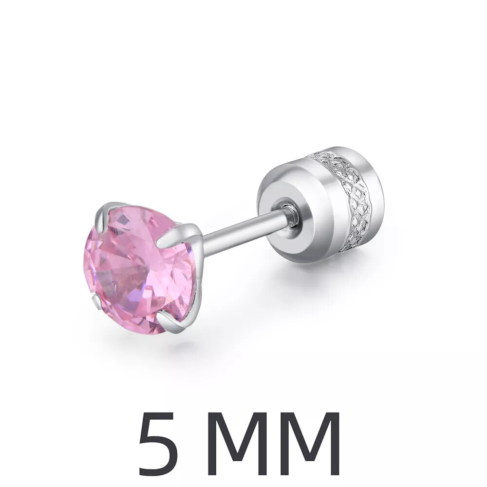Women Men Silver Stainless Steel Round Pink CZ Stud Earrings Screw Back Gift