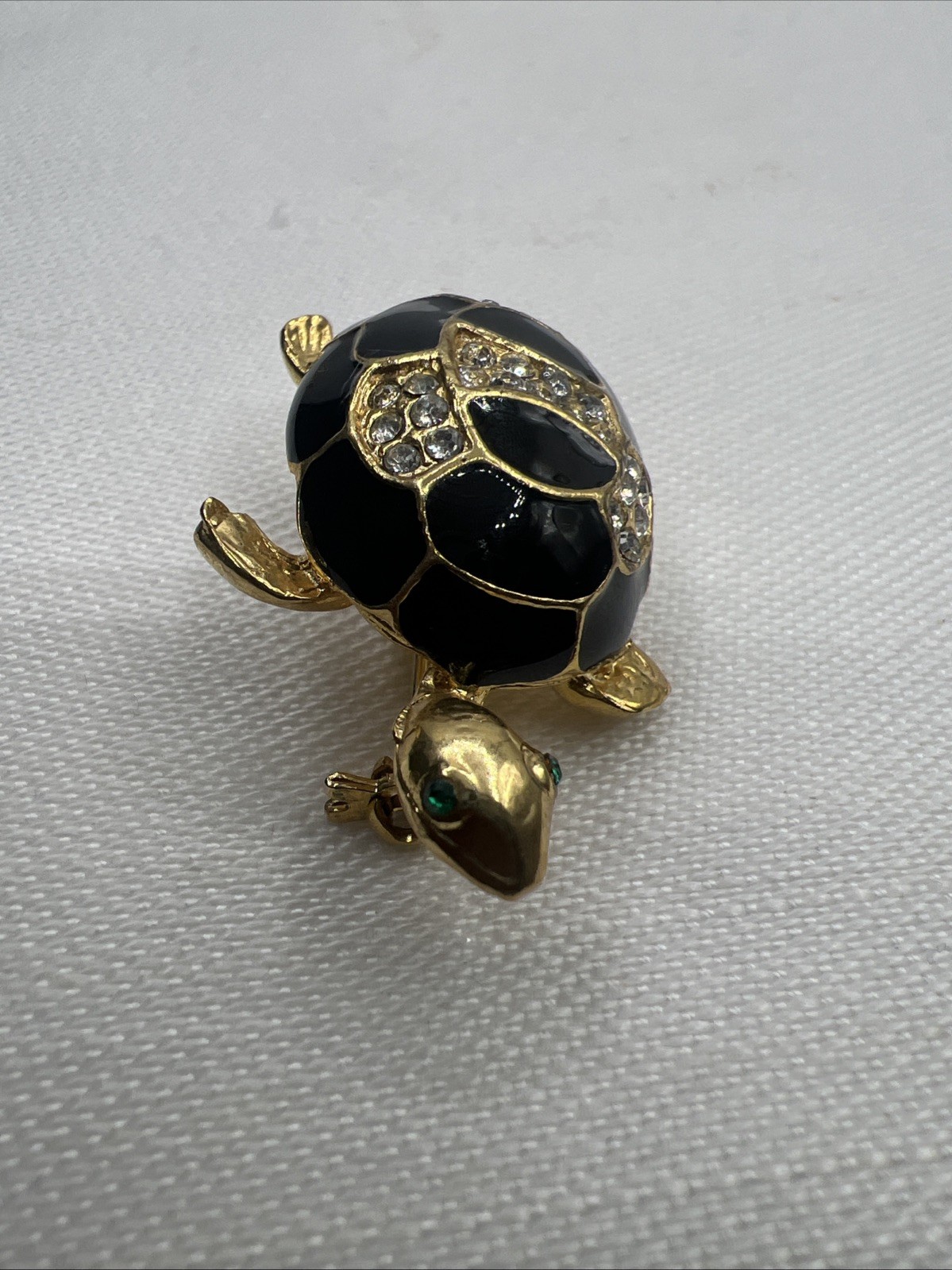 Vintage Turtle Black and Gold Tone Rhinestone and Enamel Brooch Pin Green Eyes