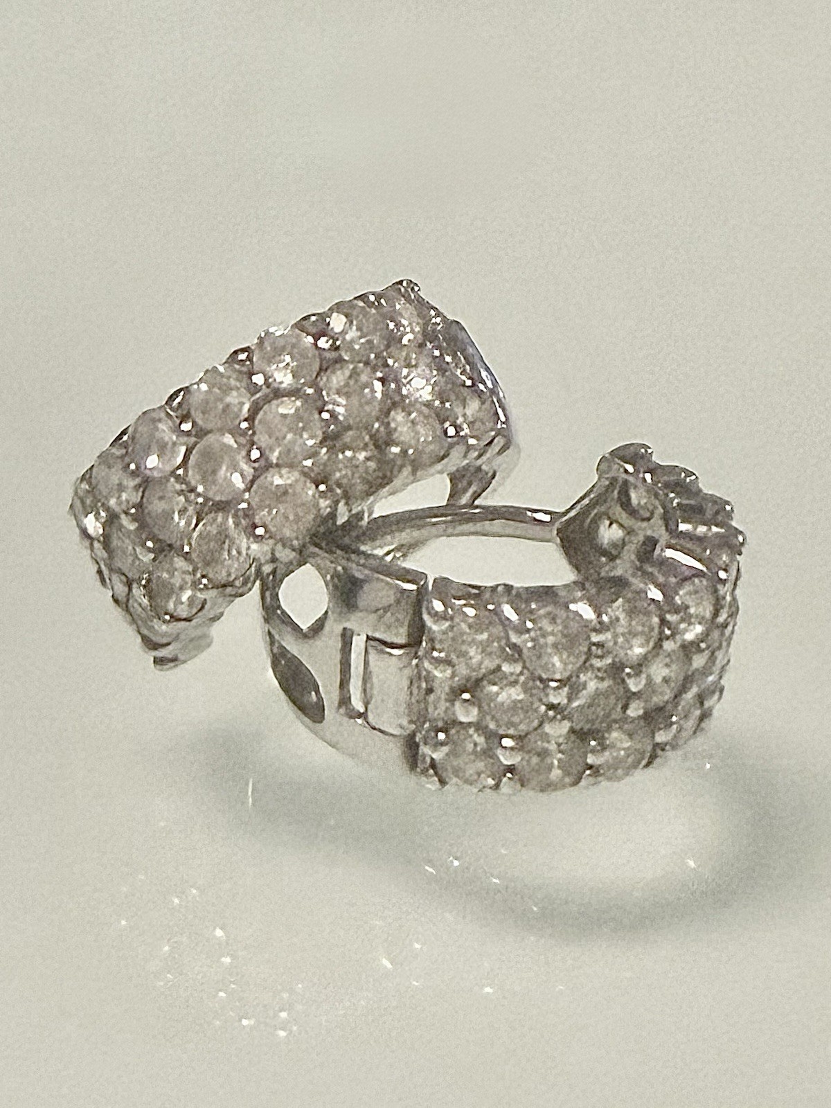 14 KT WHITE GOLD/3 ROW PAVE SET CZ HUGGIE HOOP 12.7 MM EARRINGS / 2.25 GRS