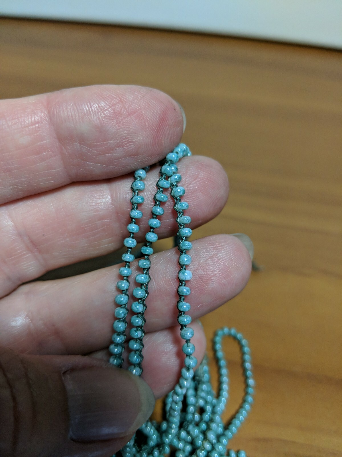 VINTAGE Aqua Green Iridescent Glass Seed Bead Strand Attached to String