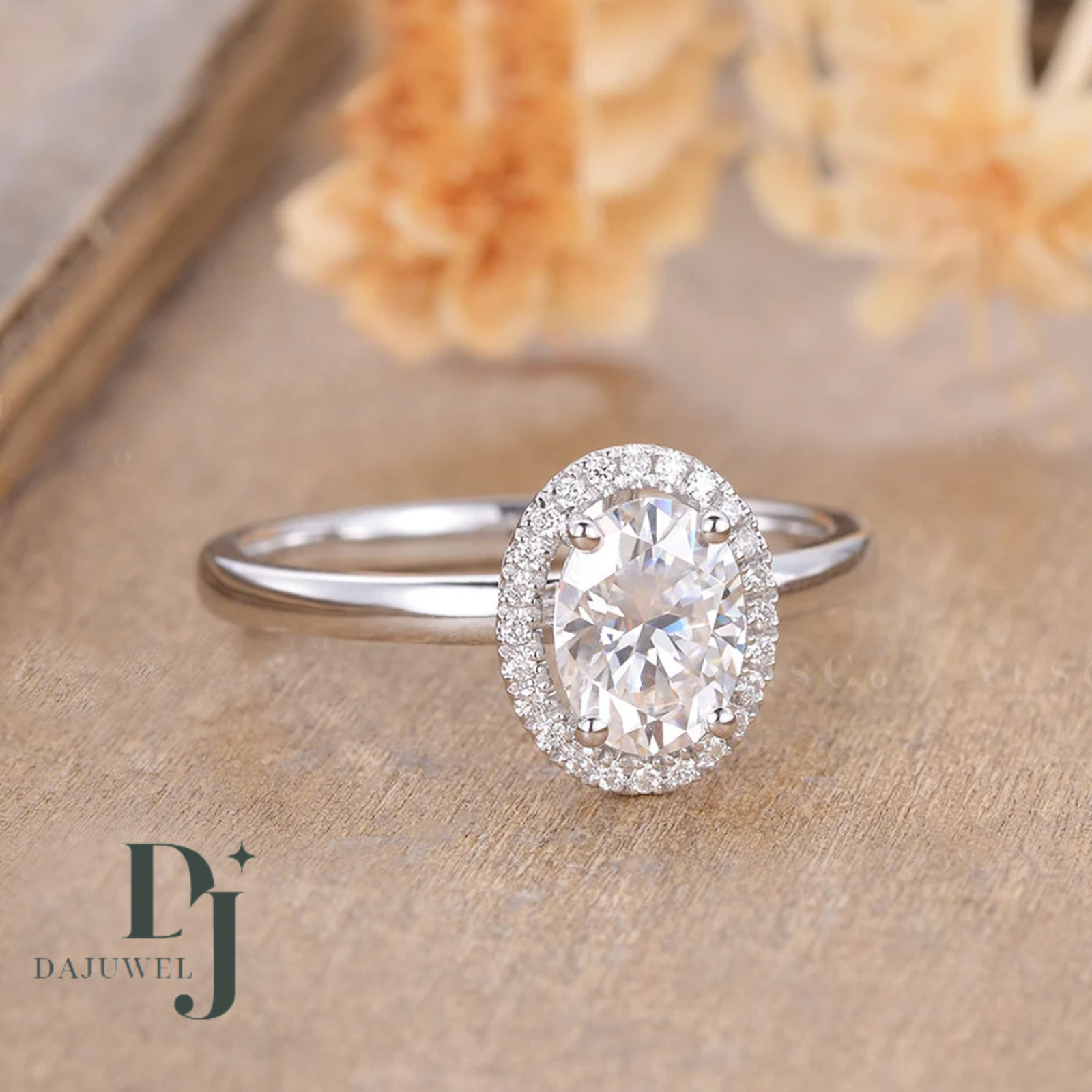 Solid 14K White Gold Moissanite Halo Engagement Ring 2.20 Carat Oval Cut For Her
