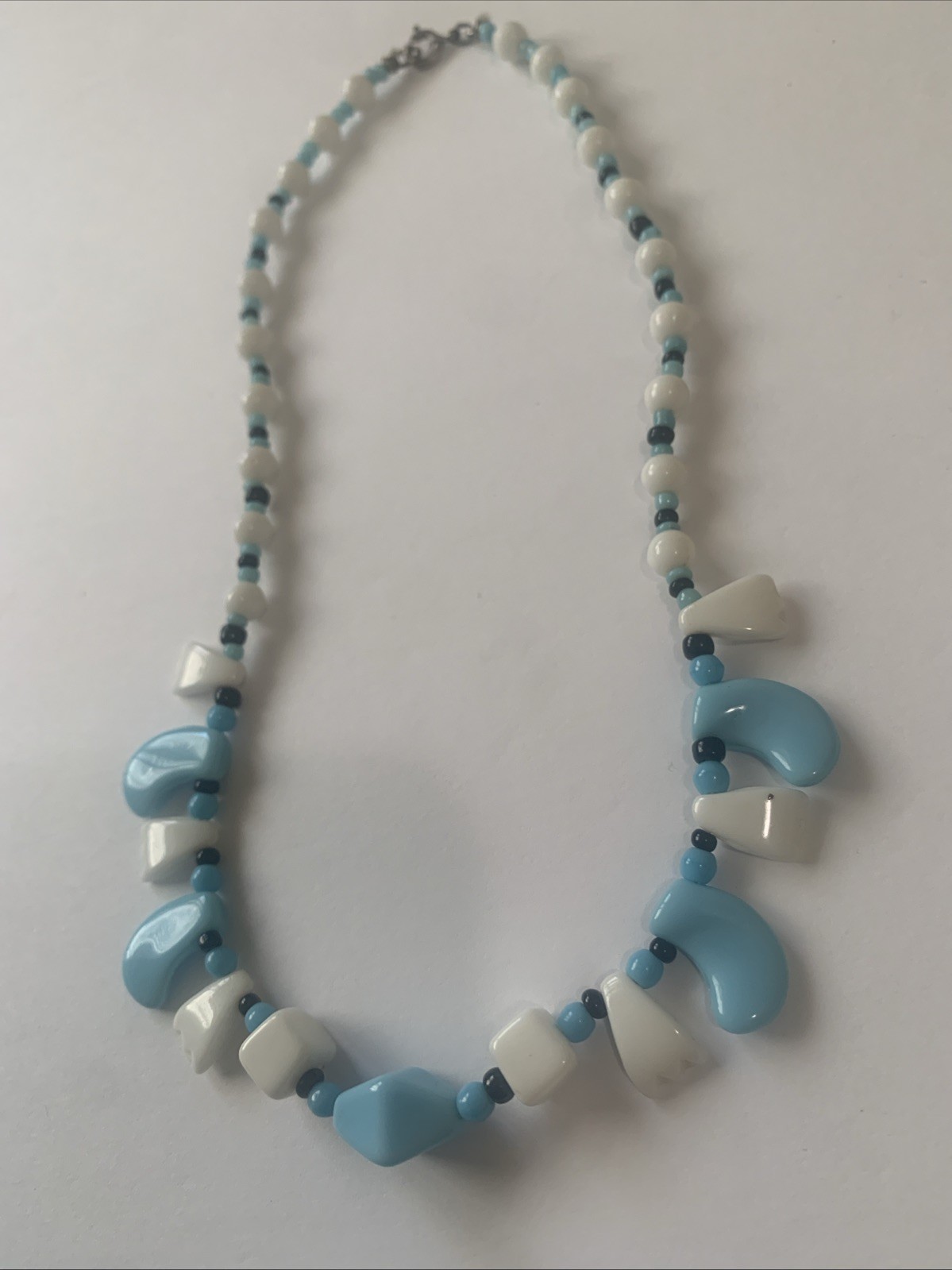 Vintage Style Blue and White Beaded Necklace with Unique Clasp.
