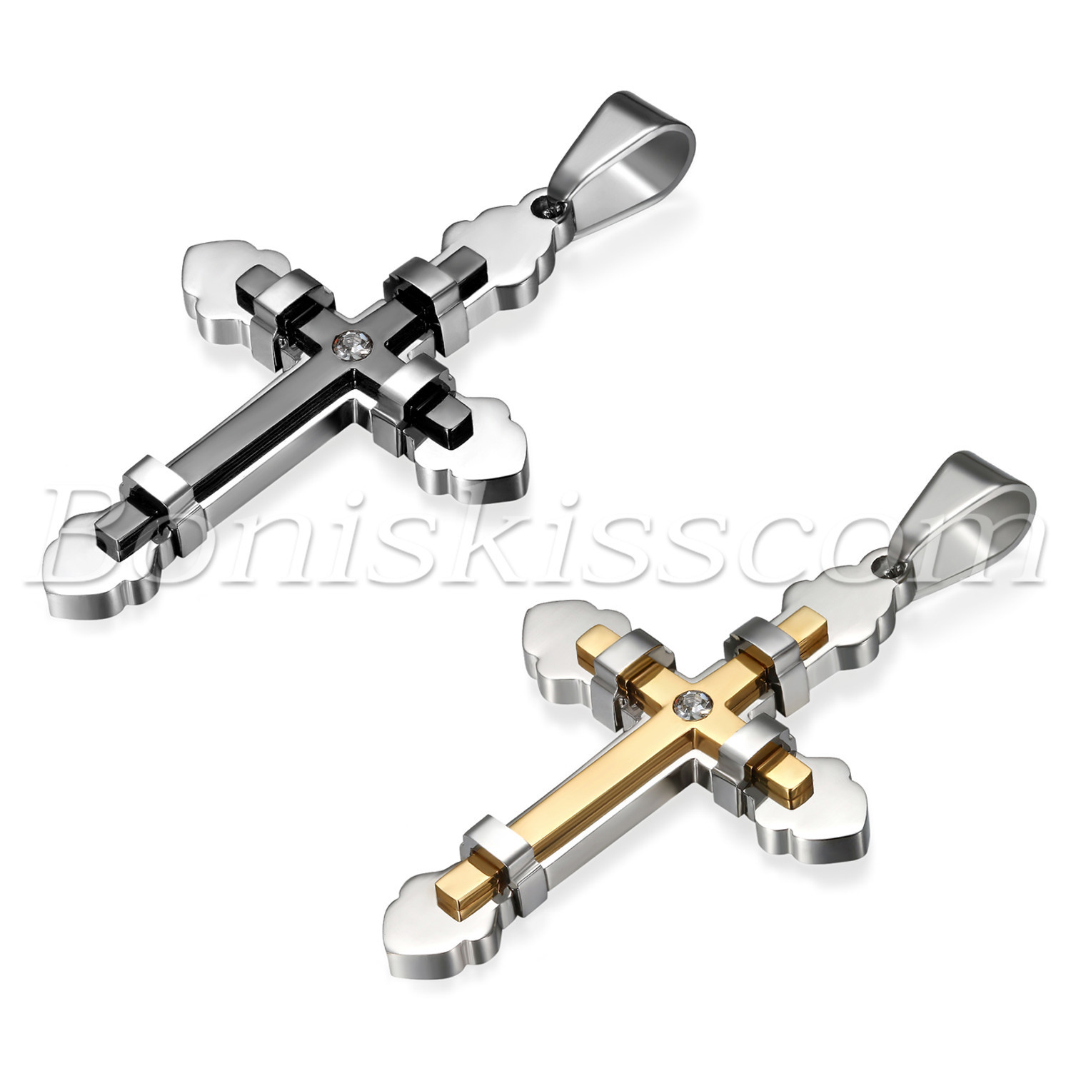 Men’s Heavy Stainless Steel Double Layer Cross Pendant Necklace Byzantine Chain