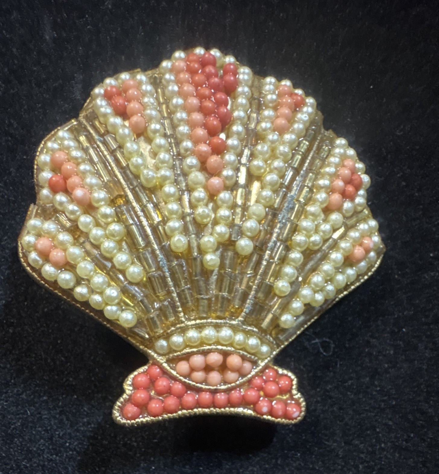 Shell Sea Life Brooch Pin, Gold Tone, White Imitation Pearl, Pink Rhinestone