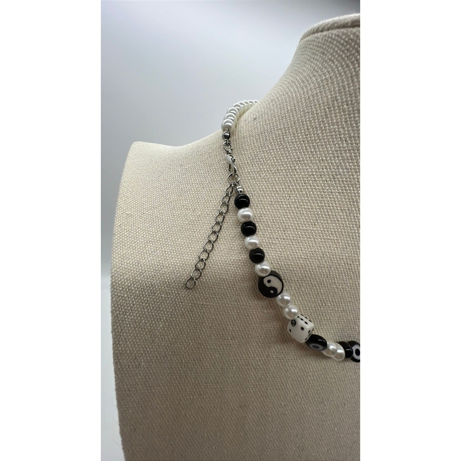 Yin Yang Beaded Necklace Y2K Indie Alt Black White Faux Pearl 17-18.5in