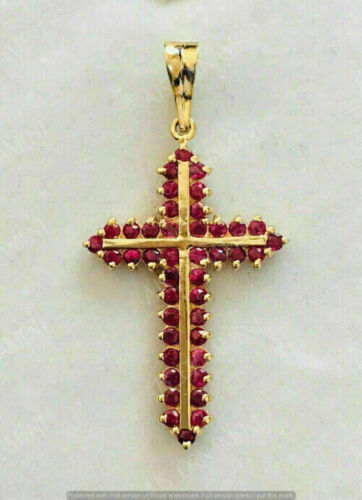 2.00Ct Round Cut Red Ruby 18″ Free Chain & Cross Pendant 14K Yellow Gold Finish