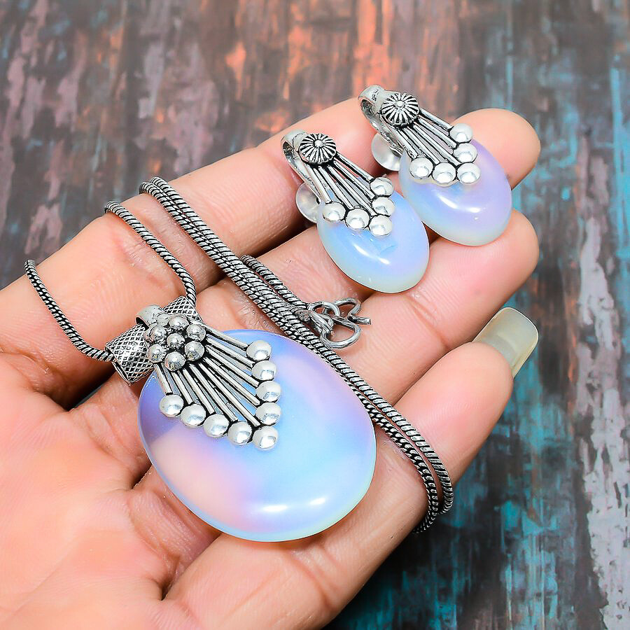Milky Opal Gemstone Handmade Necklace+Earring Jewelry Set J827