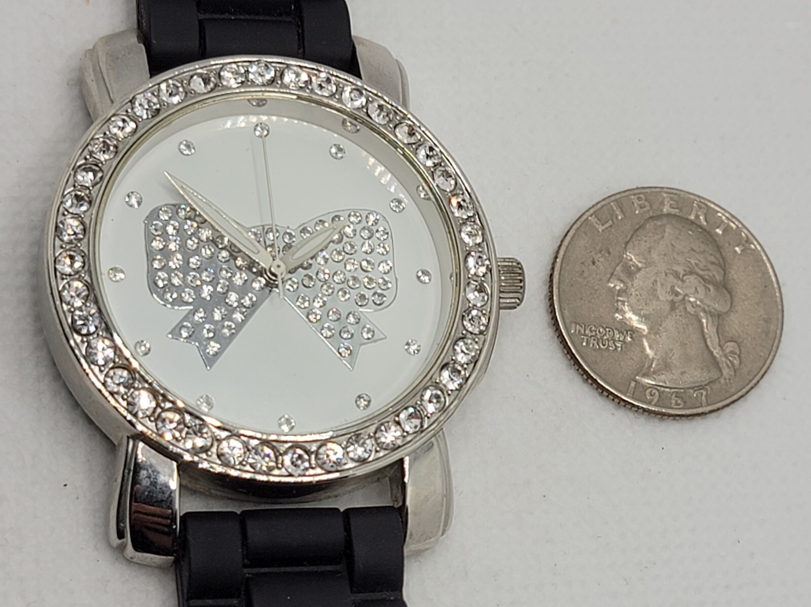 Ladies Casual Round Studded Bow Dial Silver Tone Black Poly Band Analog Watch J6