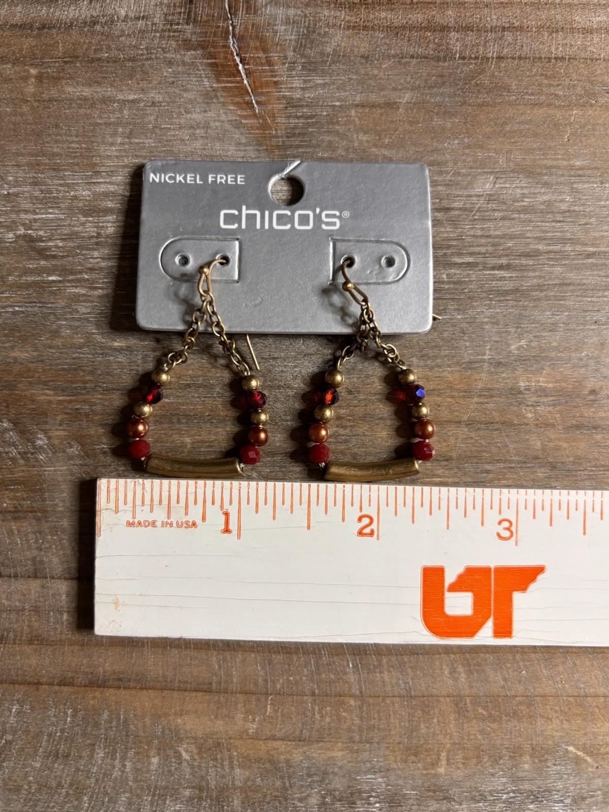 Chico’s Nickel-Free Gold Tone Red Beaded Dangle Hook Earrings 2 in