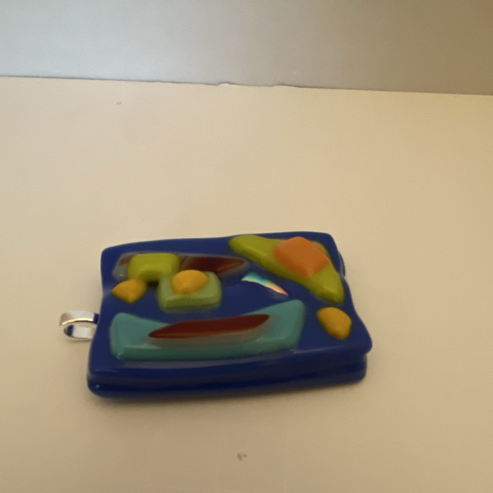Fused Glass Silver Tone Bail Rectangle Multicolor Glass Charm Pendant Art Design