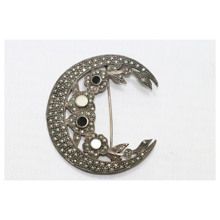 Vintage Sterling Silver Mother of Pearl, Black Onyx, and Marcasite Moon Brooch