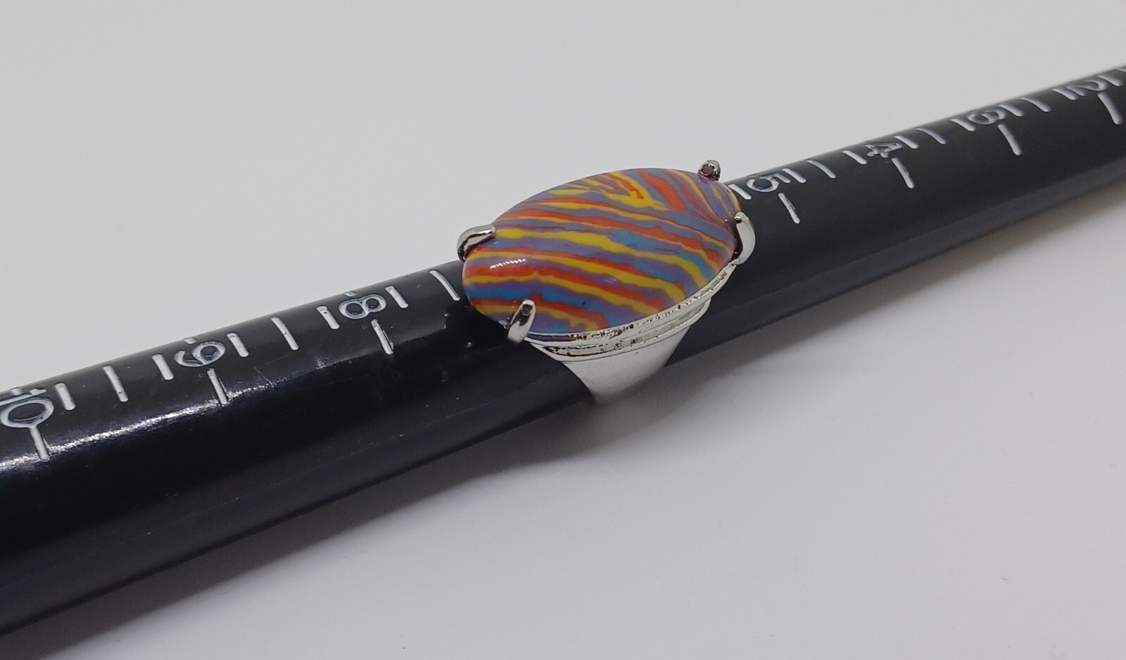 Striped Cabochon Ring Womens Rainbow Colors Stone Size 6.75 Stainless Steel