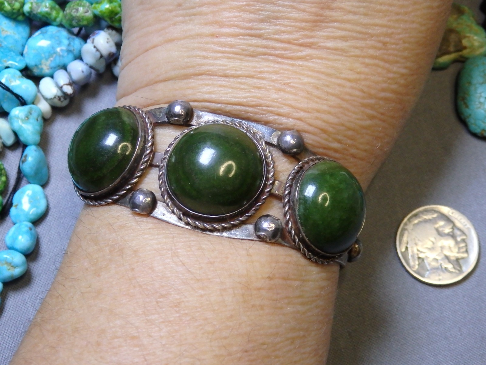 Fred Harvey Era NAVAJO Green TURQUOISE Stamped Coin Silver 40g Cuff Bracelet