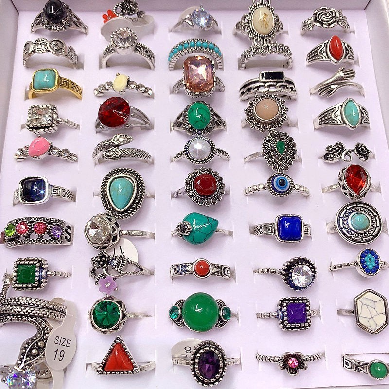50pcs Bulk Lots Vintage Crystal Stone Mix Plated antique silver Jewelry Ring