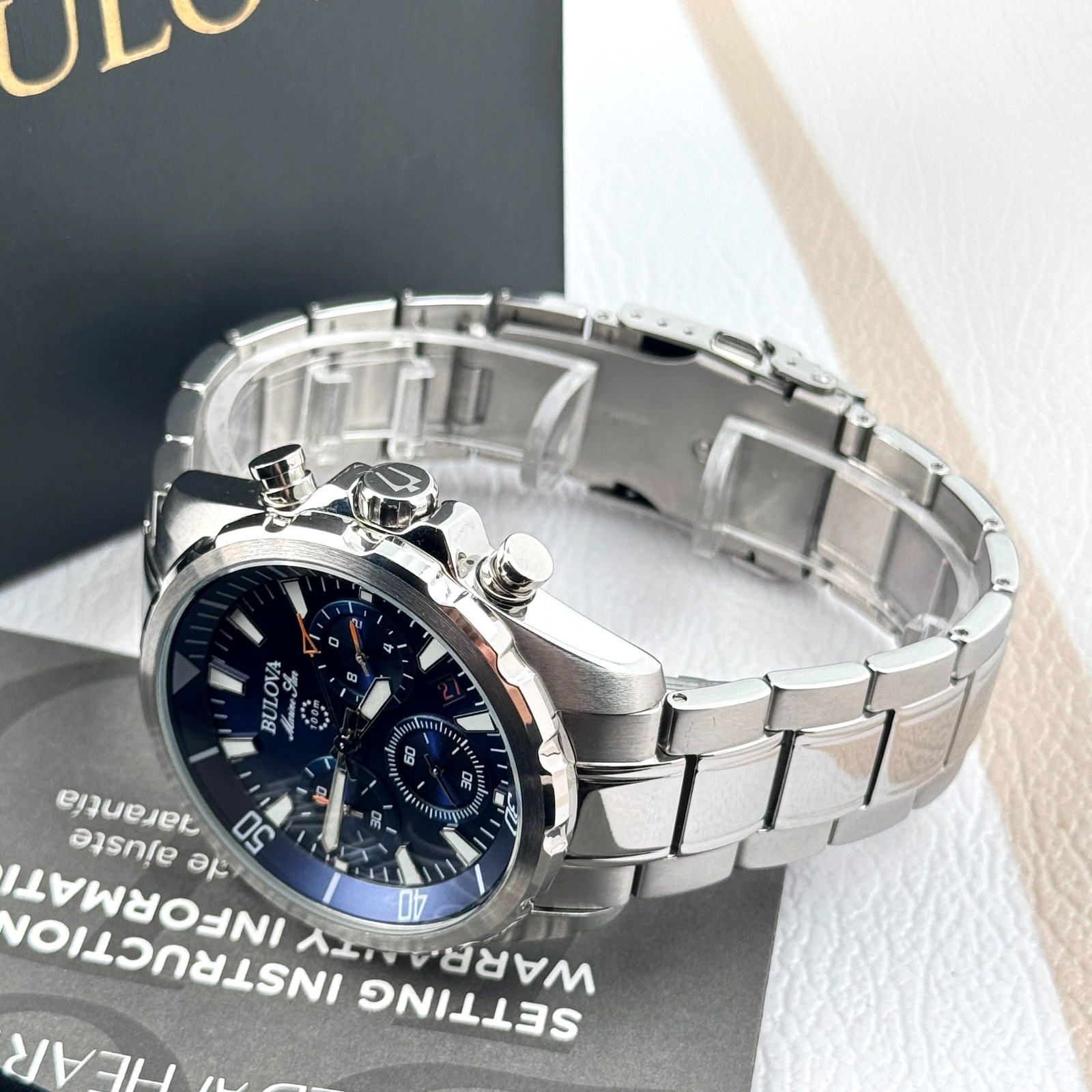 Bulova Men’s Marine Star 43MM Blue Dial Stainless Steel Chronograph Watch 96B256