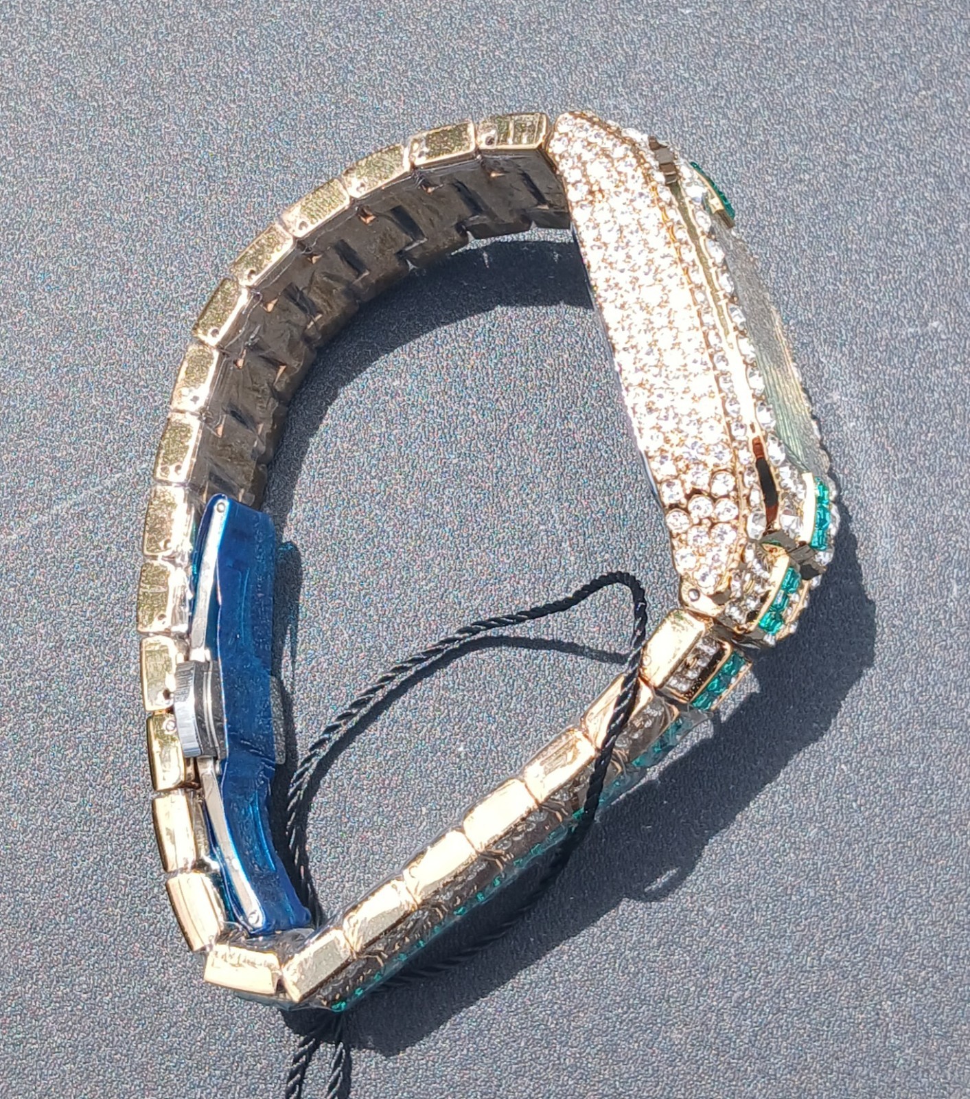 AJ ACCESSORIES 43MM ICED OUT GOLD WATCH WITH GREEN VVSCZ CRYSTALS ARABIC NUMBERS