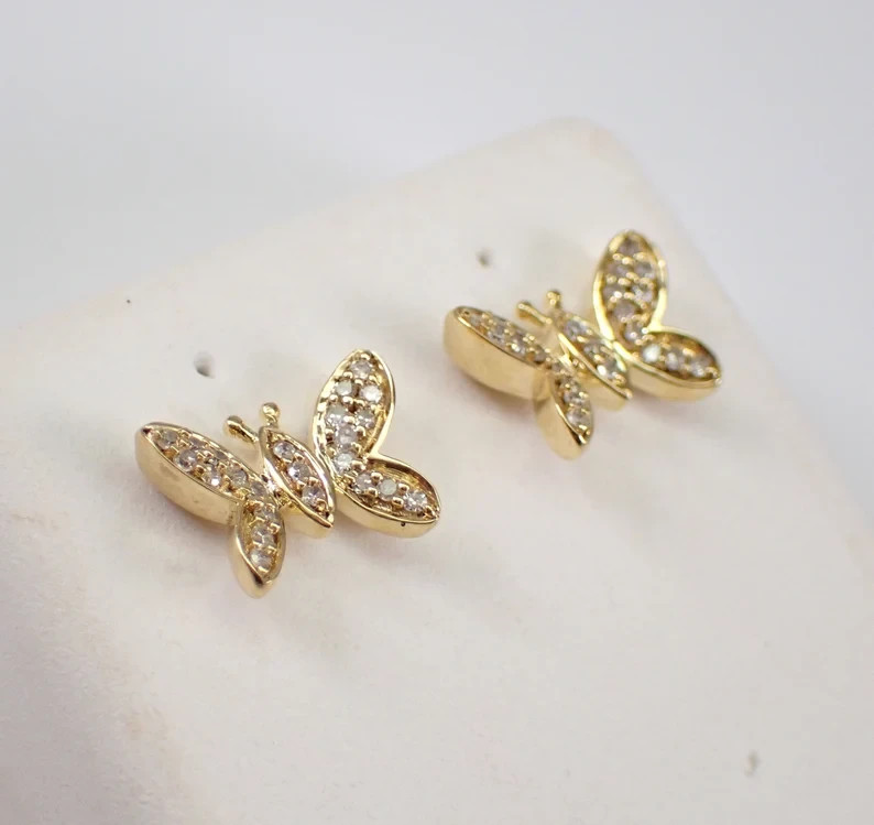 1.60Ct Round Cut Real Moissanite Butterfly Stud Earrings 14K Yellow Gold Plated