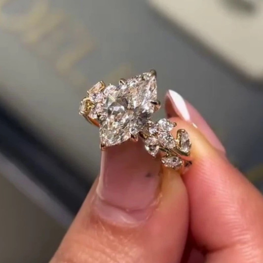 2.00 CTW Marquise Moissanite Cluster Set Engagement Ring 14k Yellow Gold Plated