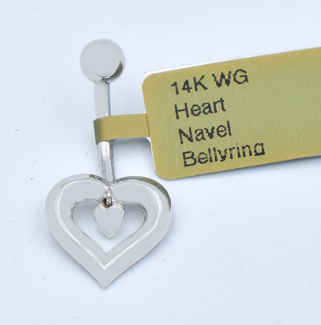 HEART NAVEL BELLY RING 14K WHITE SOLID GOLD – Free Shipping – Made in USA