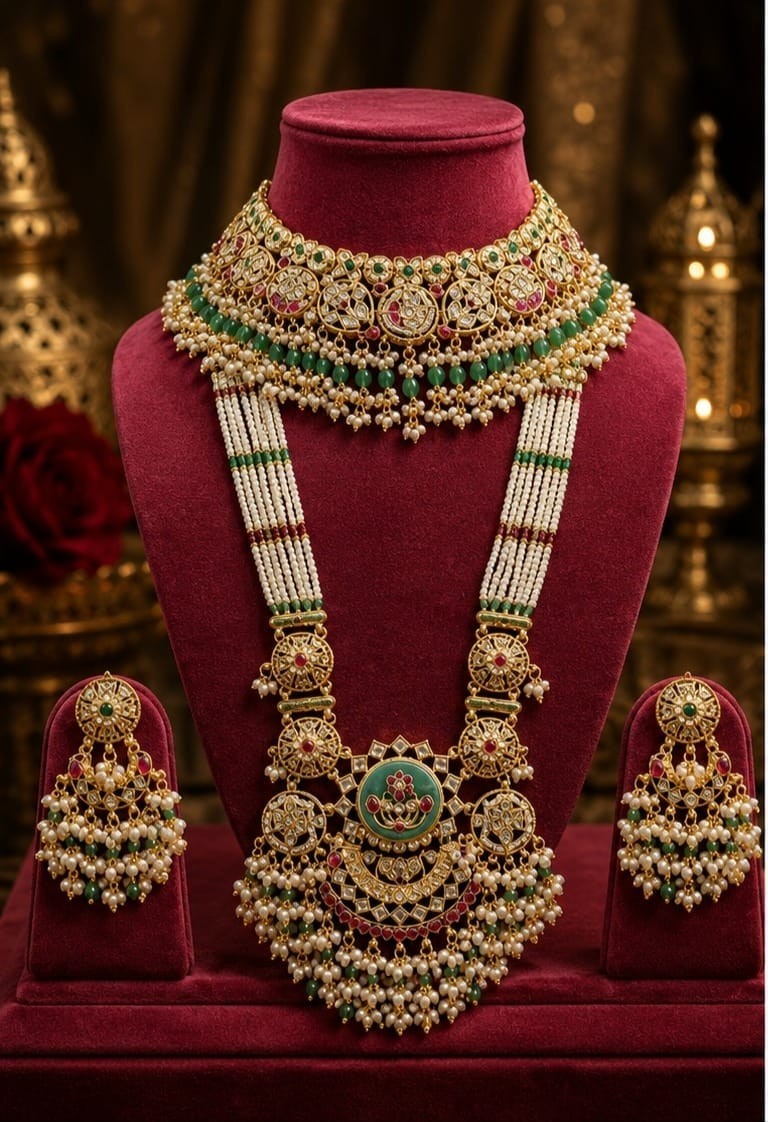 Indian Traditional Kundan Long Necklace Set Pearl Choker Green Beads Earrings