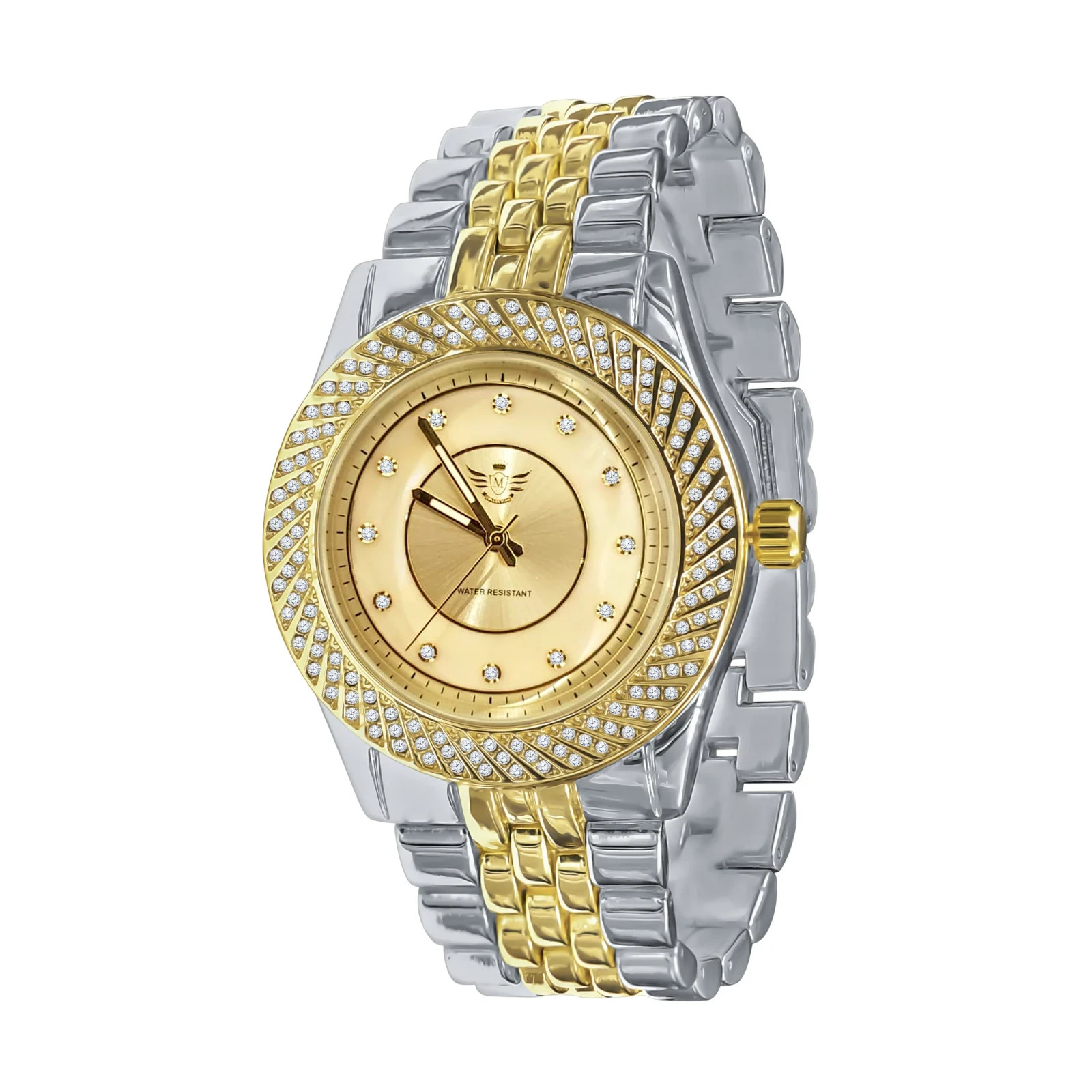 Mens Iced Out Watch Gold Silver Tone Crystal Bezel Quartz 43mm Steel