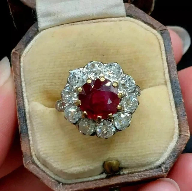 Art Deco 2.8Ct Round Ruby & Simulated Diamond 14K Gold Plated Engagement Ring