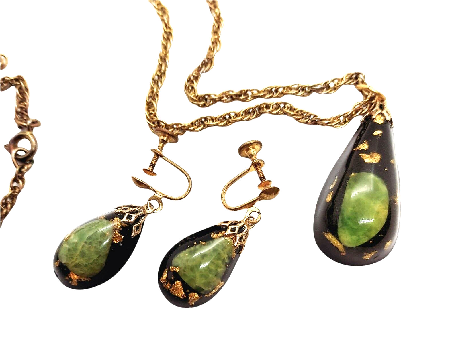 Vtg Necklace Earrings Set Lucite Gold Flake Plastic Resin Teardrops Mod Pendant
