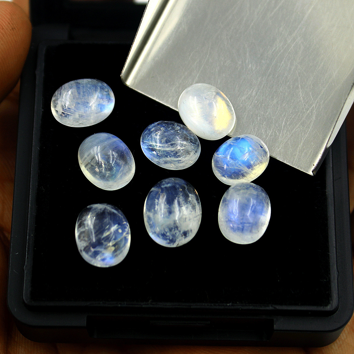 8 PC Natural Rainbow Moonstone High Quality 9mm-11mm Oval Cabochon Gemstones Lot