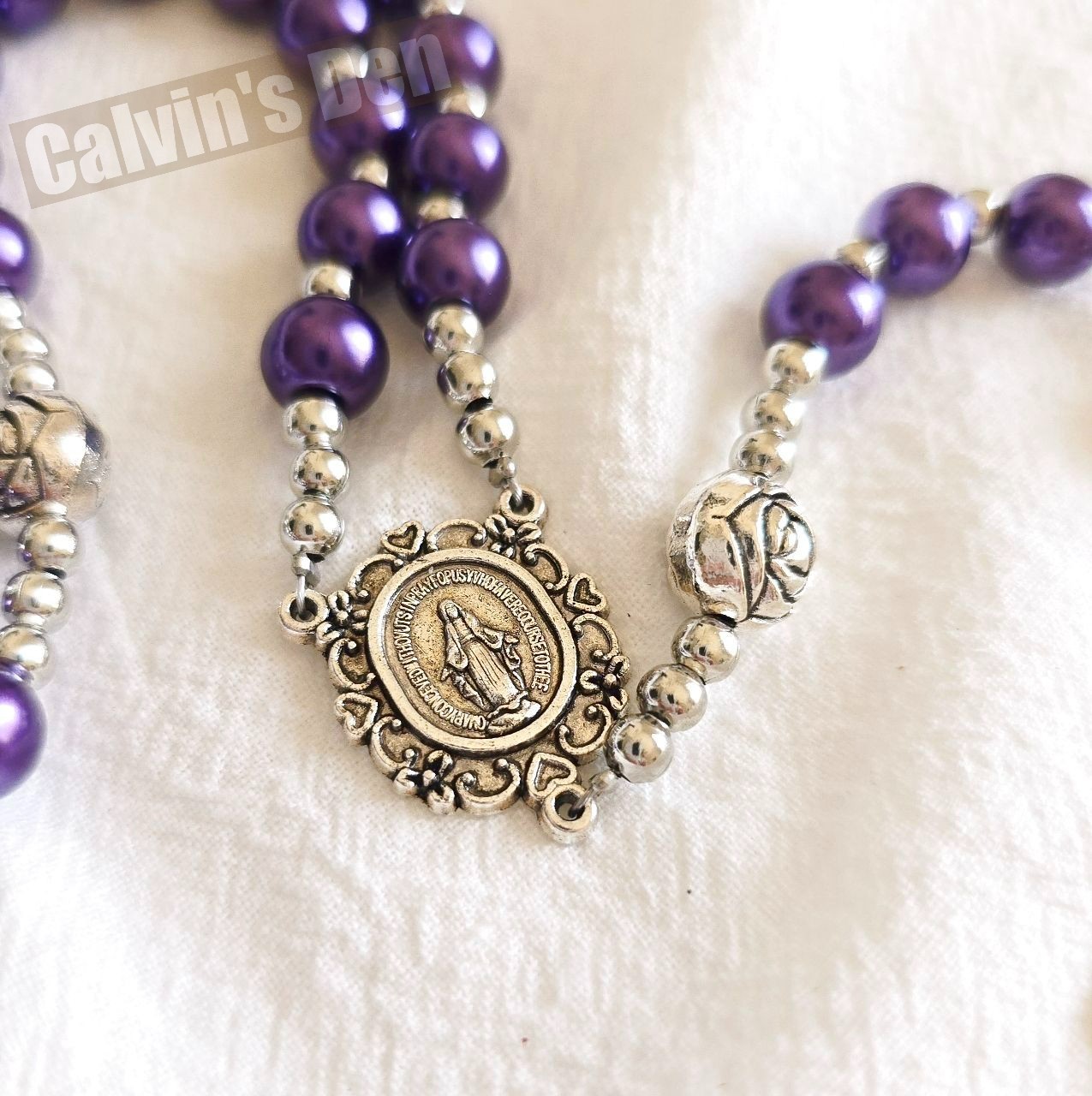 Purple Pearl Bead Rosary Necklace Miraculous Medal Rosebud Crucifix Cross Gift