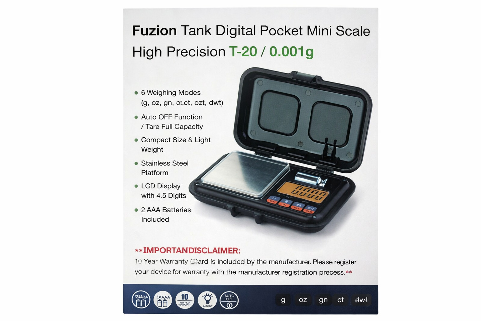 Fuzion Tank Digital Pocket Mini Scale, High Precision, T-20/ 0.001g