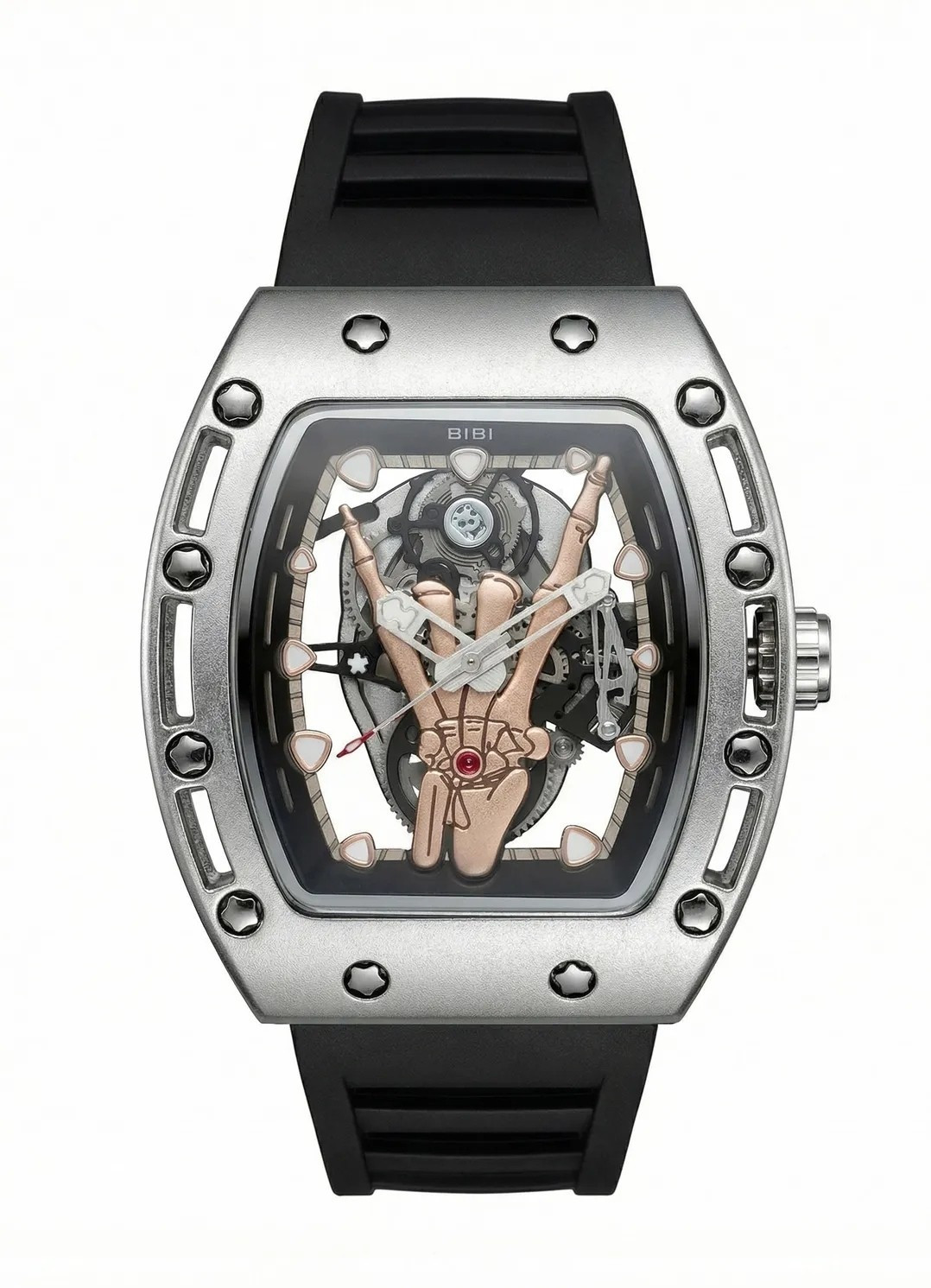 BIBI Luxury Watch B0292 Black Skeleton Dial, Silver Case, Black Silicone Band