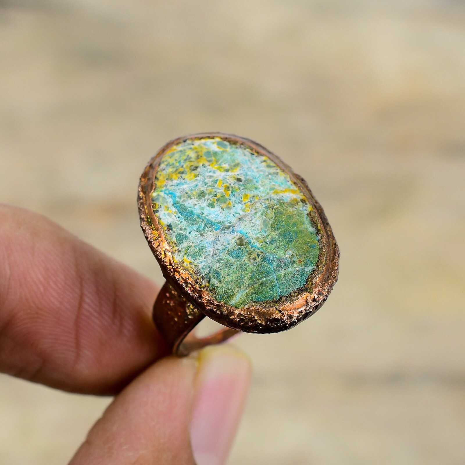 Chrysocolla Rough Copper Mum Gift Electroformed Adjustable Ring Size Adjustable