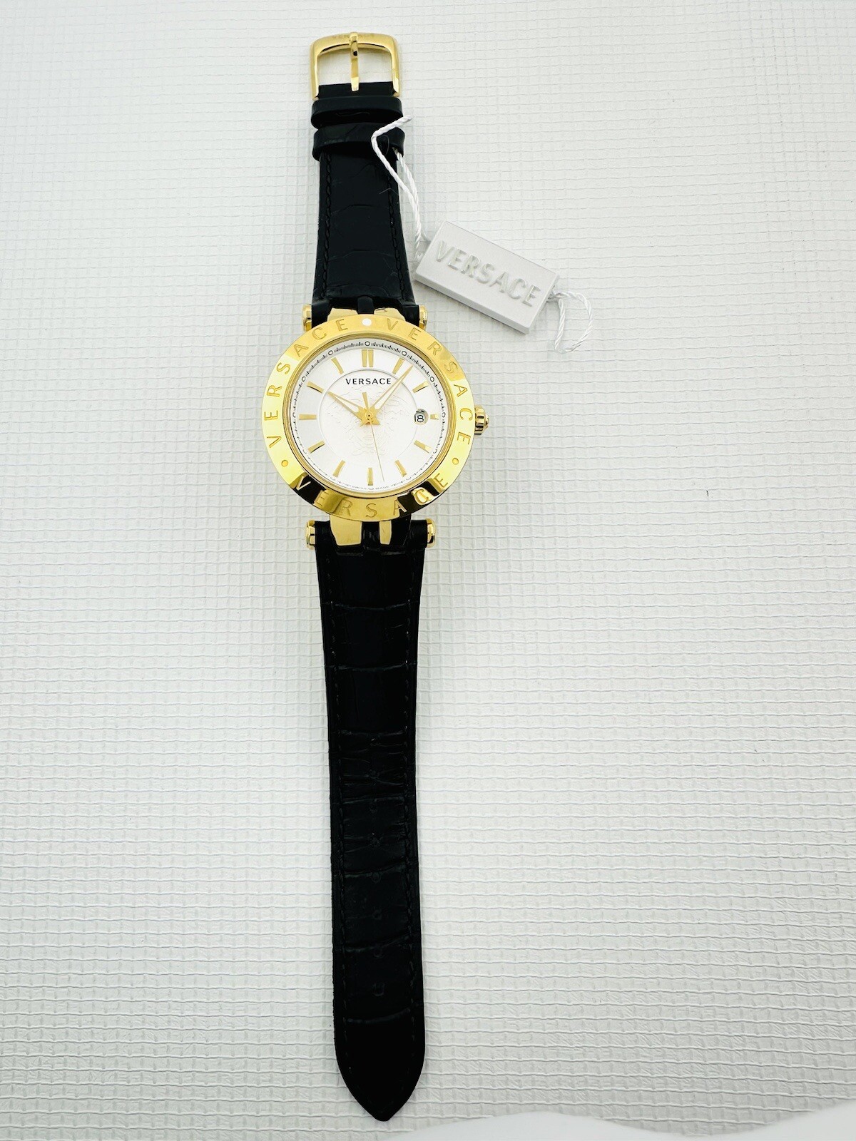 Versace VQP040015 V-Race 42mm Case IP 2N Black Croco Pattern Leather Strap Watch