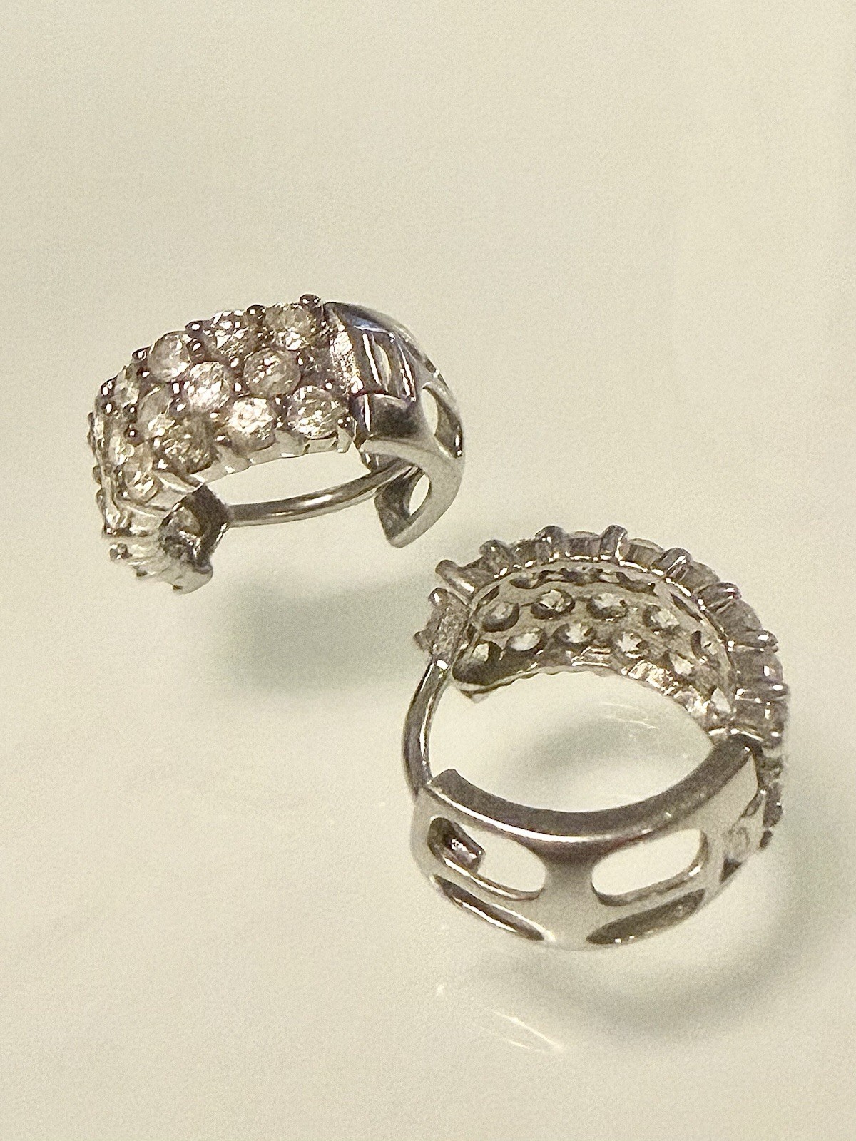 14 KT WHITE GOLD/3 ROW PAVE SET CZ HUGGIE HOOP 12.7 MM EARRINGS / 2.25 GRS
