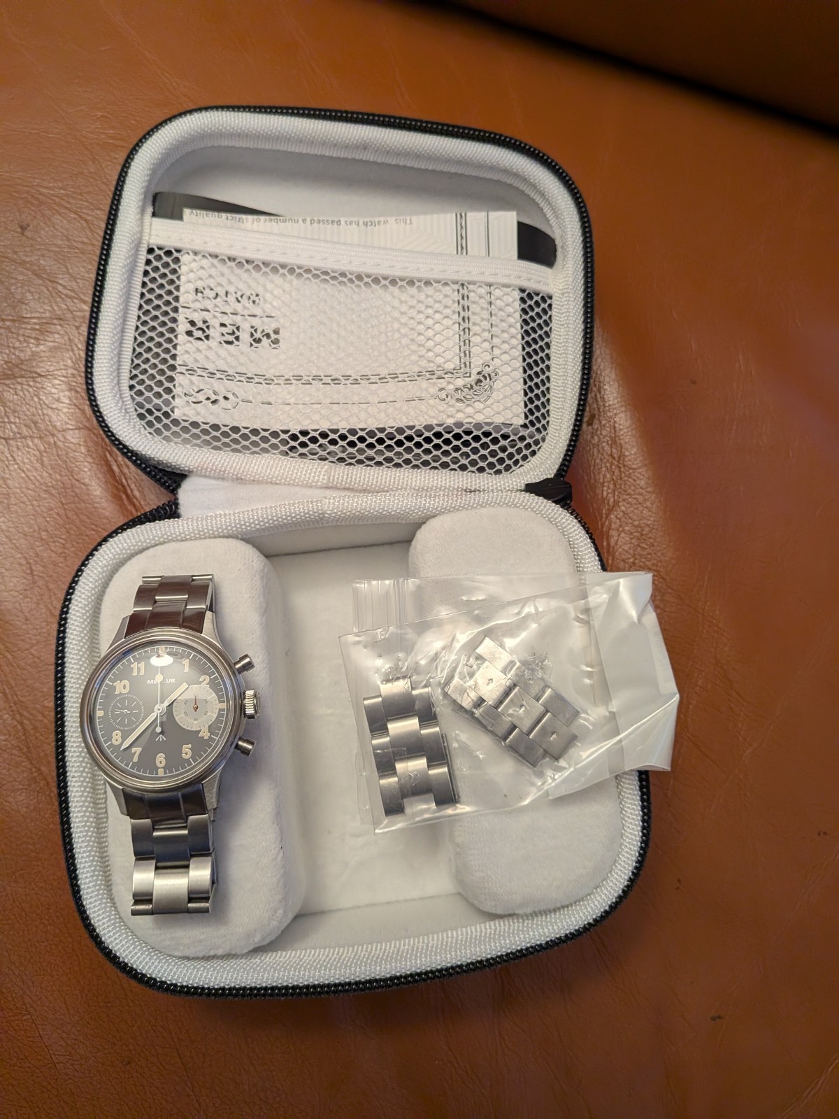 Merkur Big Eye Grey Seagull St 1901 mechanical chronograph watch with bracelet.
